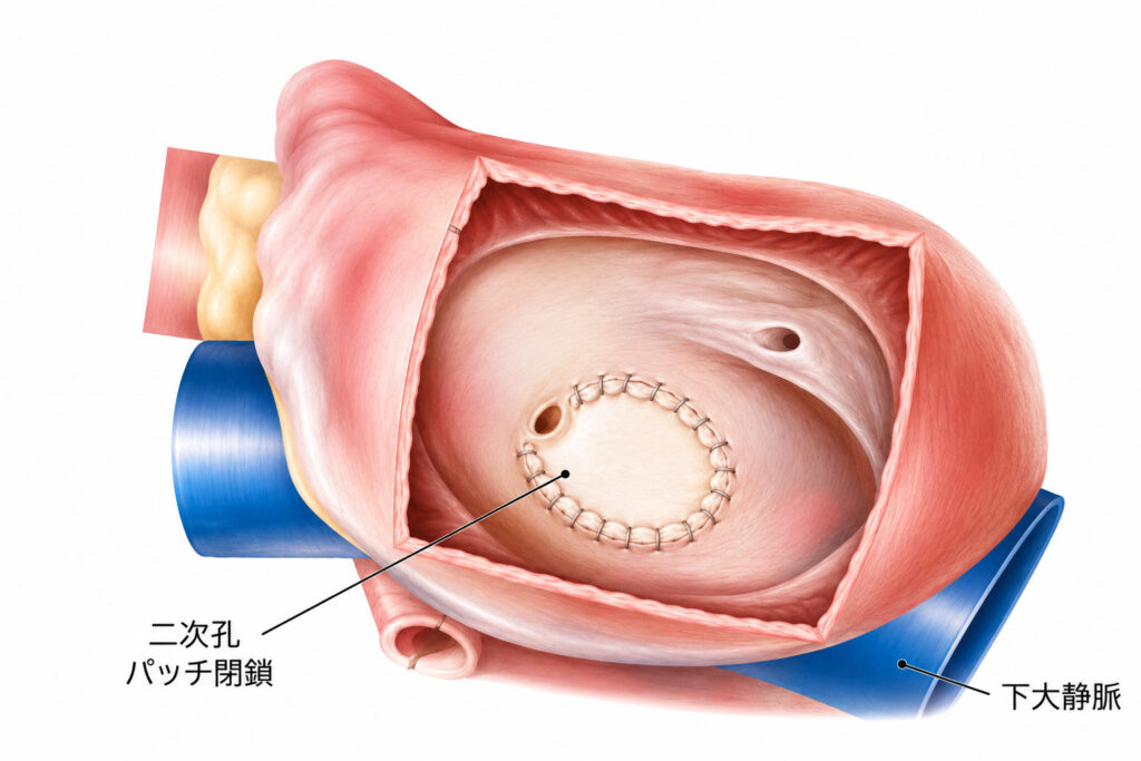 心房中隔欠損孔パッチ閉鎖の図